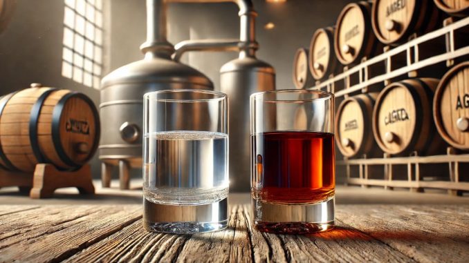 Cachaça branca e envelhecida (imagem gerada por IA) Cachaça branca e envelhecida (imagem gerada por IA)