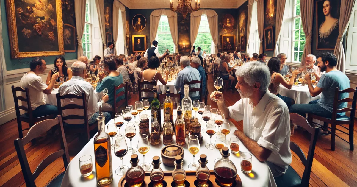 Degustação de cachaça em evento com pessoas em sala elegante