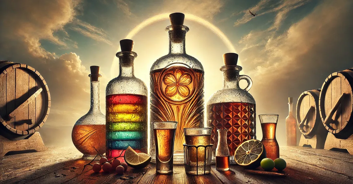 Imagem de copos de cachaça envelhecida em uma paisagem ao pôr do sol