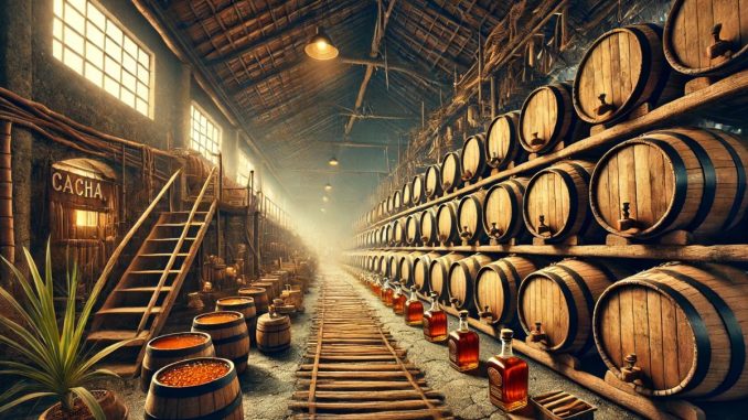 Envelhecimento de cachaça (imagem gerada por IA) Envelhecimento de cachaça (imagem gerada por IA)
