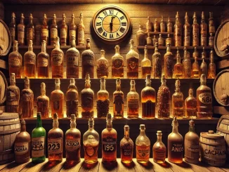 Imagem de uma paisagem com garrafas de cachaça envelhecendo durante o processo de maturação