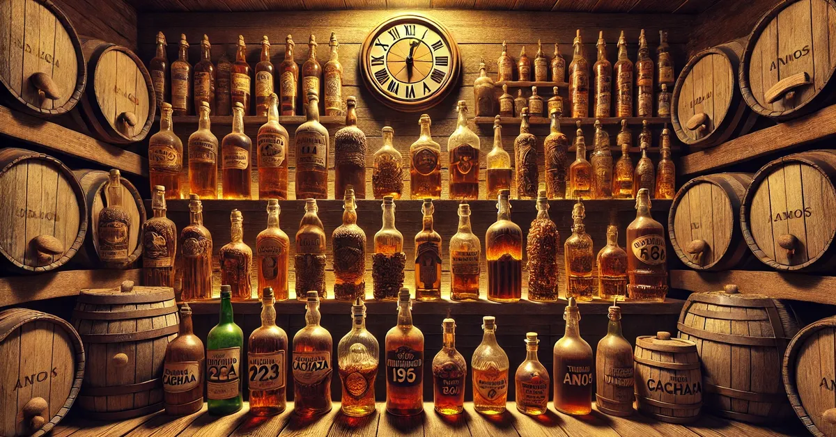 Imagem de uma paisagem com garrafas de cachaça envelhecendo durante o processo de maturação