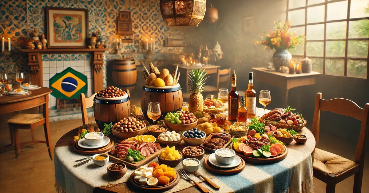 Imagem mostrando uma mesa com pratos variados e cachaças em um cenário de paisagem