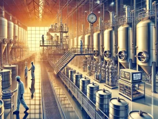 Moderna fábrica de cachaça do século 21 com tanques de fermentação em destaque.