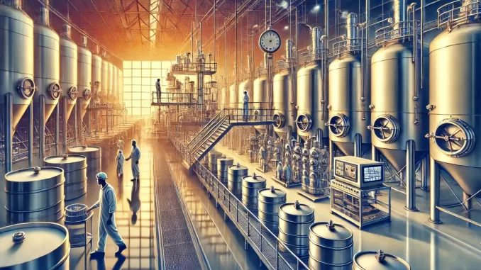 Moderna fábrica de cachaça do século 21 com tanques de fermentação em destaque.