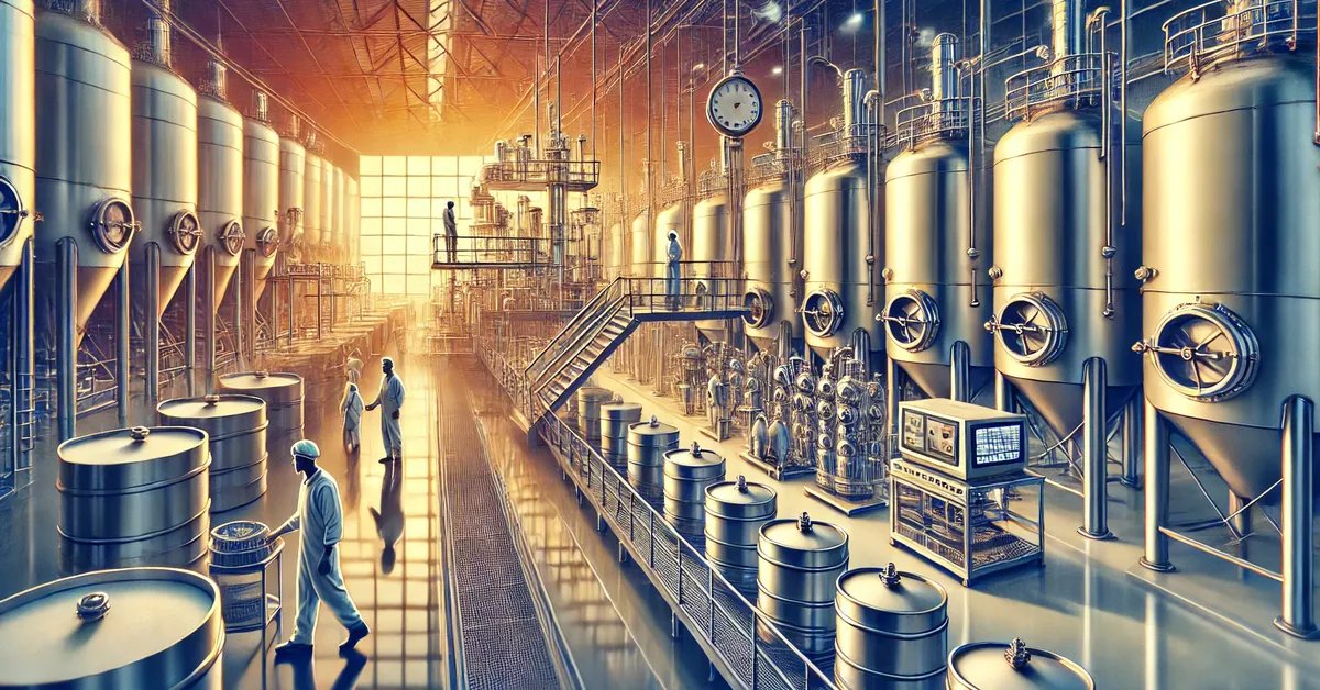Moderna fábrica de cachaça do século 21 com tanques de fermentação em destaque.