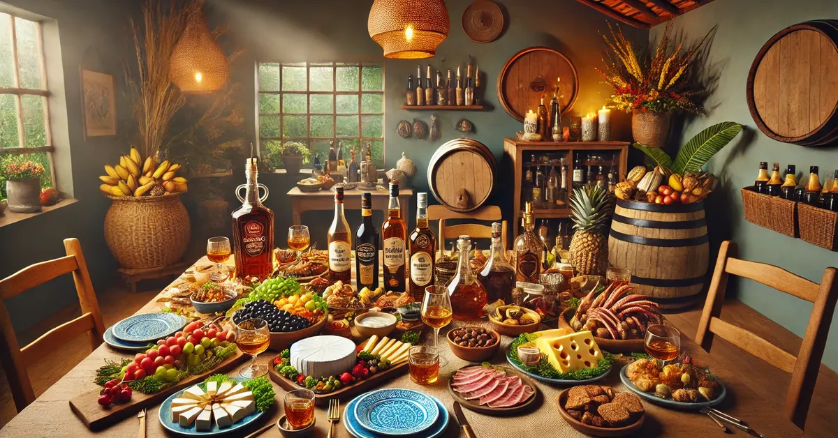 Mesa com pratos harmonizados com cachaça em uma paisagem deslumbrante.