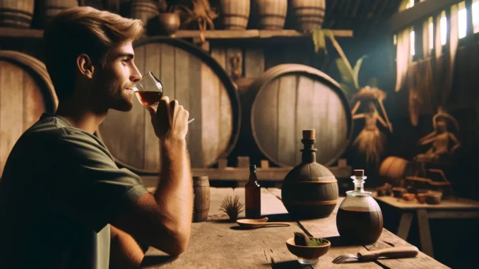 Pessoa degustando cachaça em ambiente rústico com paisagem ao fundo