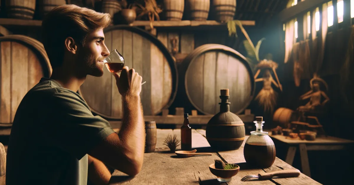 Pessoa degustando cachaça em ambiente rústico com paisagem ao fundo