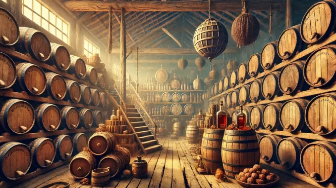 Envelhecimento de Cachaça em Barris Processo de envelhecimento de cachaça em barris de madeira