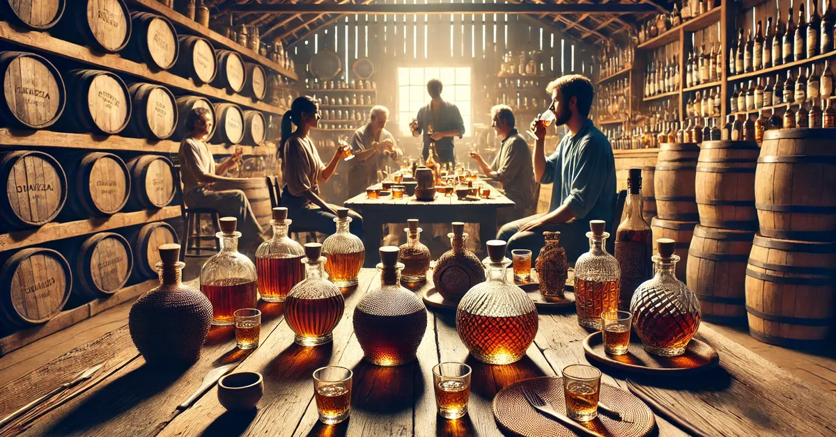 Degustação de cachaça envelhecida com pessoas em torno de uma mesa