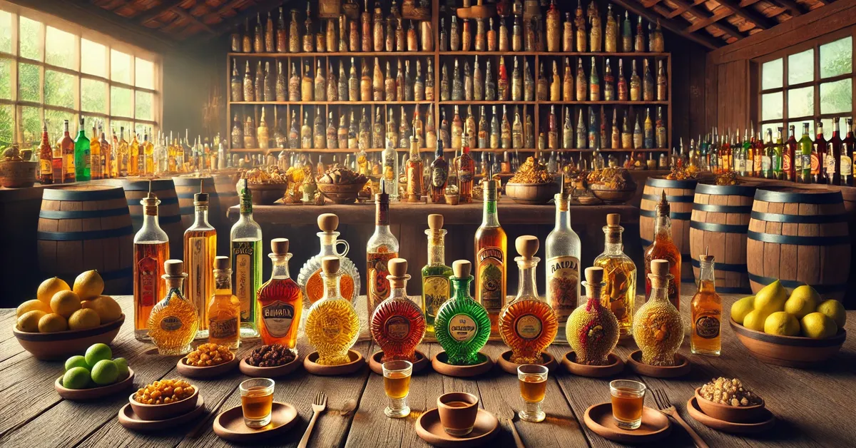 Mesa com diversas garrafas de cachaça em uma linda paisagem