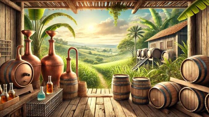Cachaça, alambique e barris (Imagem: IA)
