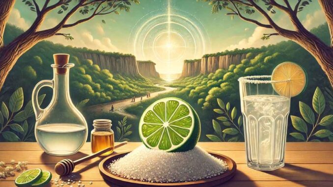 Cachaça, sal grosso e limão (imagem: IA)